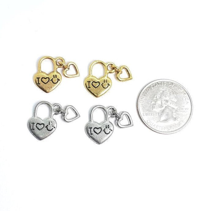 16.5mmx17mm Pewter I Heart You Lock Charm with Dangling Open Heart Charm (2pc)
