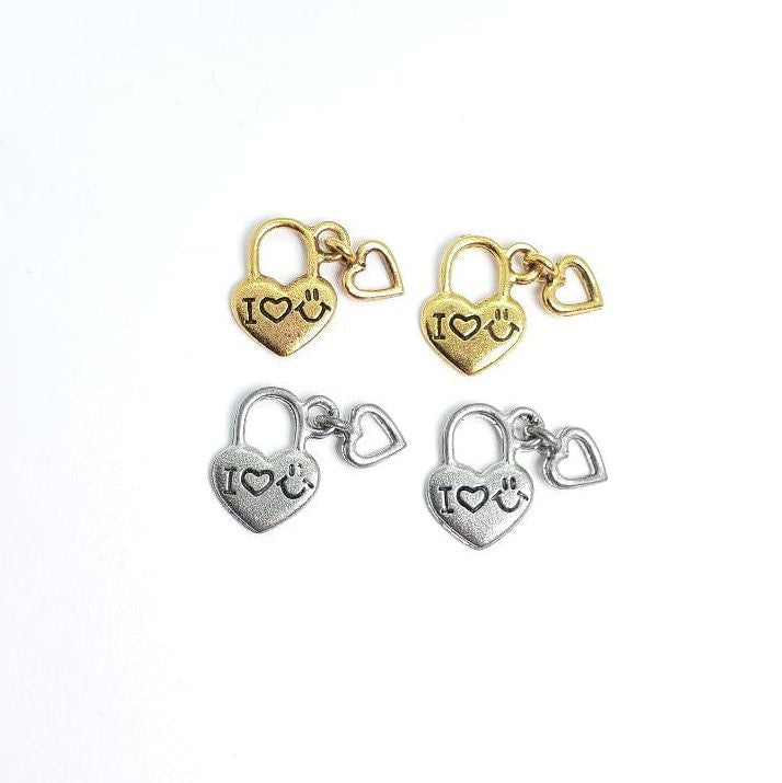 16.5mmx17mm Pewter I Heart You Lock Charm with Dangling Open Heart Charm (2pc)