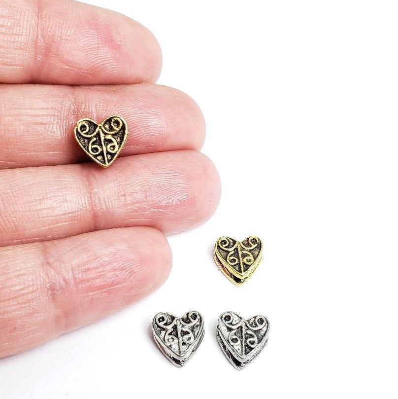 8mmx8.5mm Pewter Thick Detailed with Swirl Curly Cue Design Heart Shape (2pc)