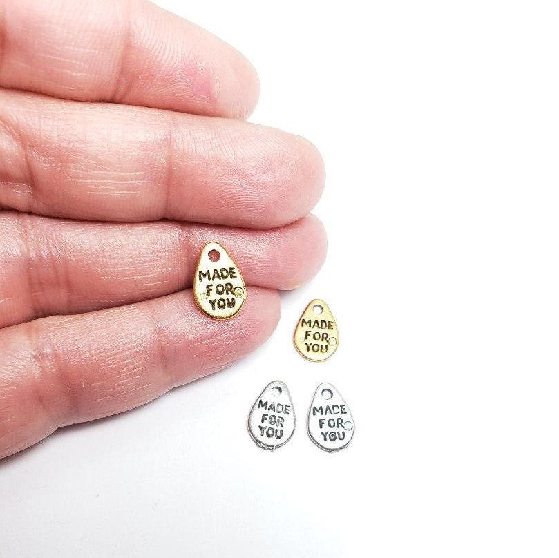 11mmx8mm Pewter Tear Drop Shape Made with Love Stamped Word Charm (2pc)