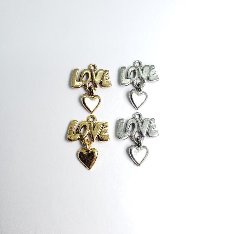 Pewter Love Charm with Hanging Heart Love,Valentine's Day (2pc)