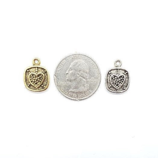Pewter 2 Metal Beaded Heart in Box Charm Small Pendant Antique (2pc)