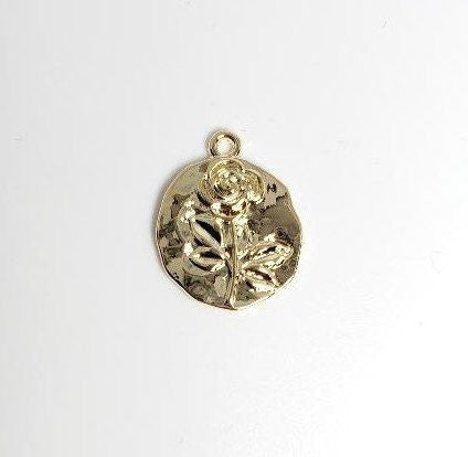 Gold Plated or Brass 18 Mm Vintage Rose Coin Charm Pendant Polished Gold Coin