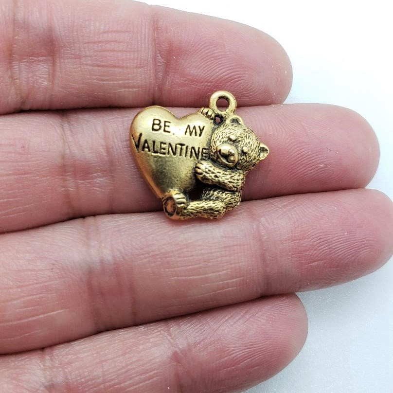 Pewter 2 Metal "Be My Valentine" Heart Bear Charm Pendant (2pc)