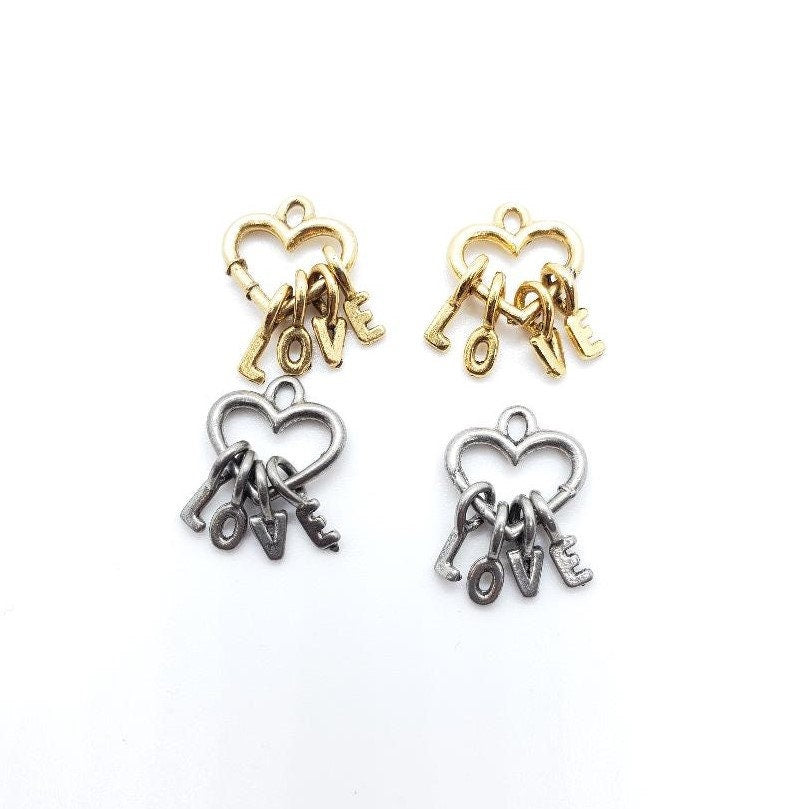 Pewter 2 Heart Keychain Love Charms Necklace Pendant Antique (2pc)