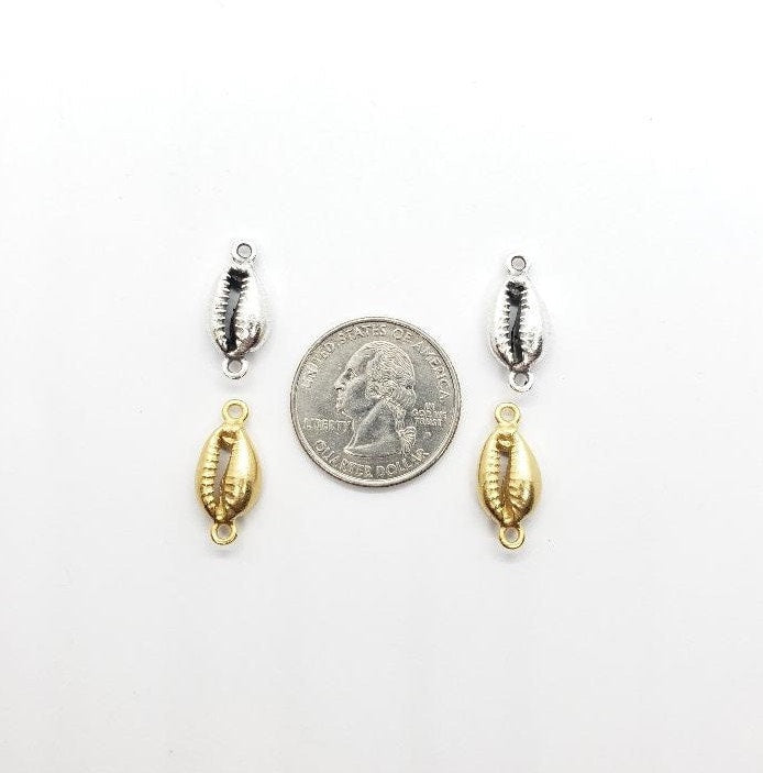 20mmx9mm Pewter 1 Silver or Gold Tiger Cowrie Shell Connector Ocean