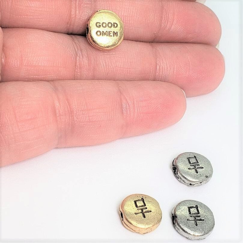 Pewter Chinese Good Omen Symbol Round Bead Inspirational Charm (2pc)