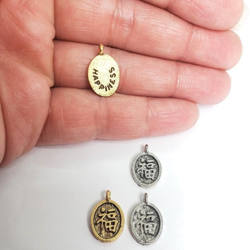 Pewter Chinese Happiness Symbol Oval Charm Drop Charm Pendant (2pc)