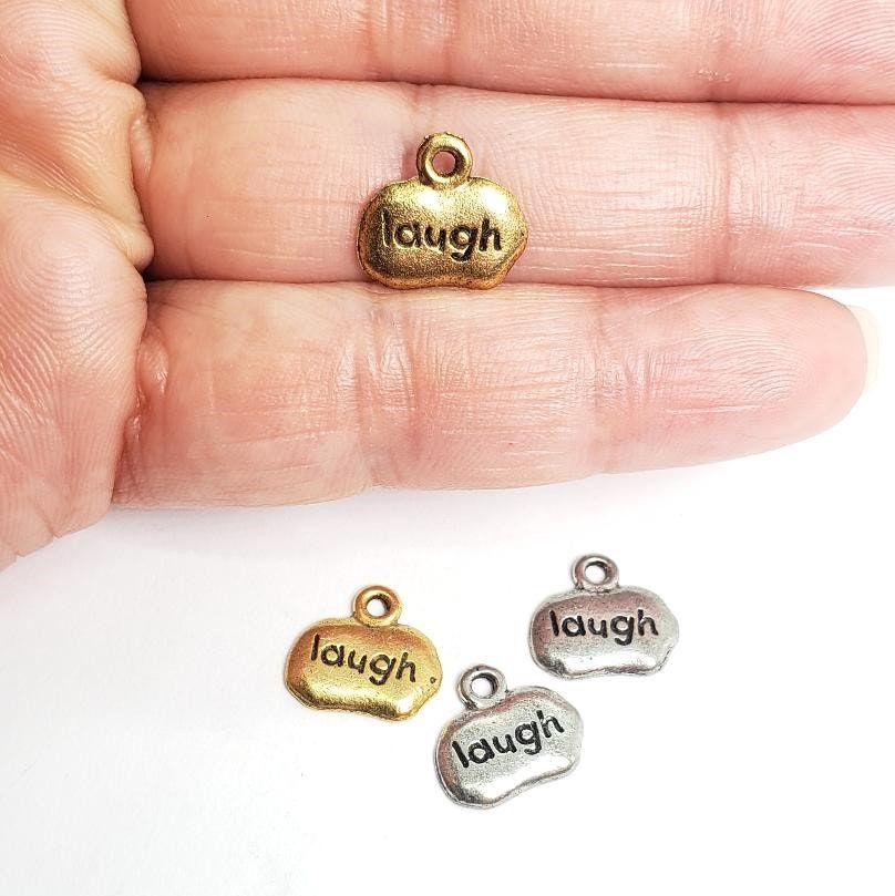 Pewter Wide Oval with Laugh Charm Pendant Inspirational Charm (2pc)