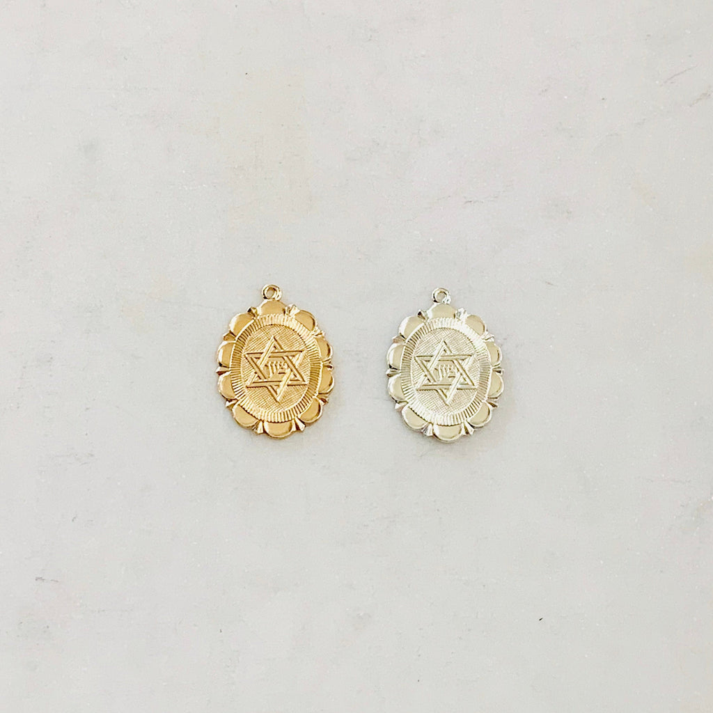 Sterling Silver or 14K Gold Filled Oval Star of David or Charm with Scalloped
