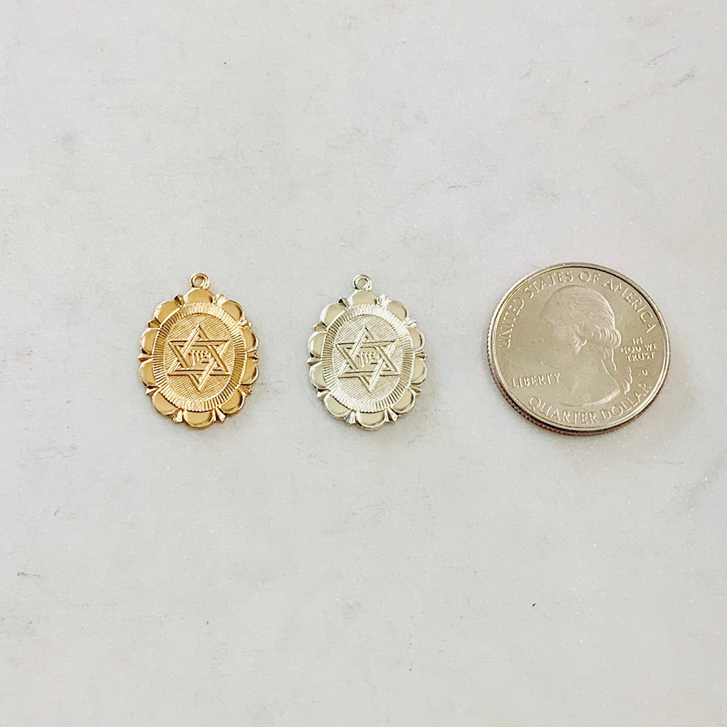 Sterling Silver or 14K Gold Filled Oval Star of David or Charm with Scalloped