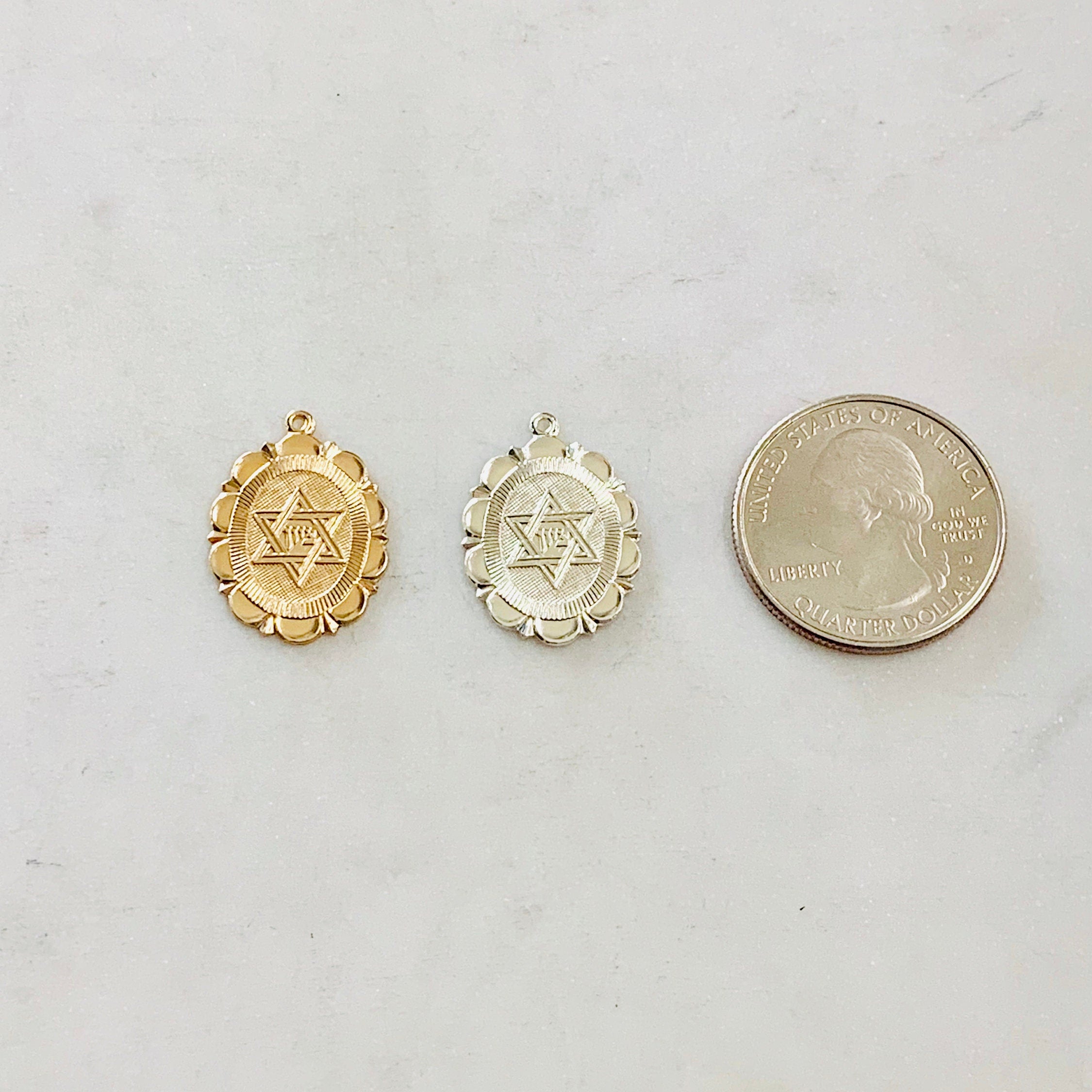 Sterling Silver or 14K Gold Filled Oval Star of David or Charm with Scalloped