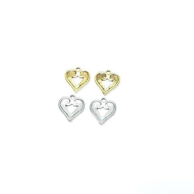 Pewter 2 Dotted Beaded Heart Charm in Antique Gold or Antique (2pc)