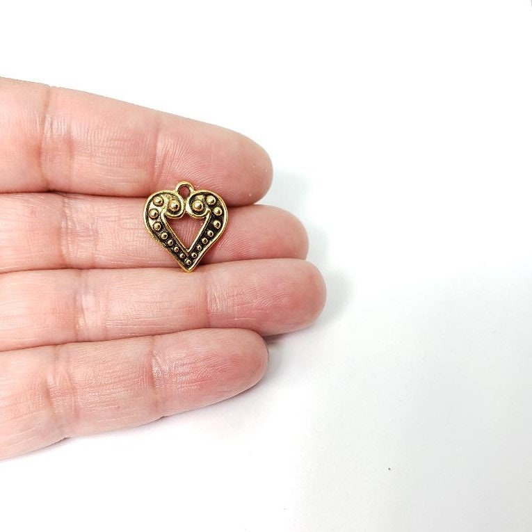 Pewter 2 Dotted Beaded Heart Charm in Antique Gold or Antique (2pc)
