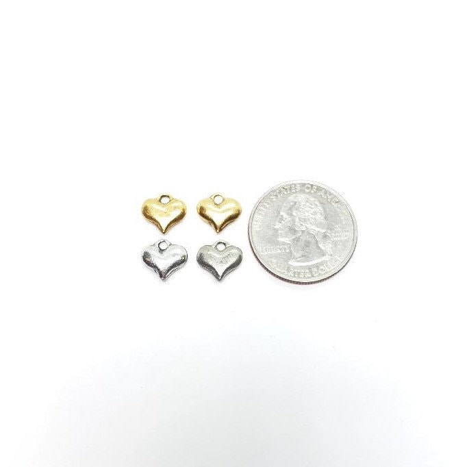 Pewter 2 Sweet Puffy Heart Charms Antique Gold Antique Silver (2pc)