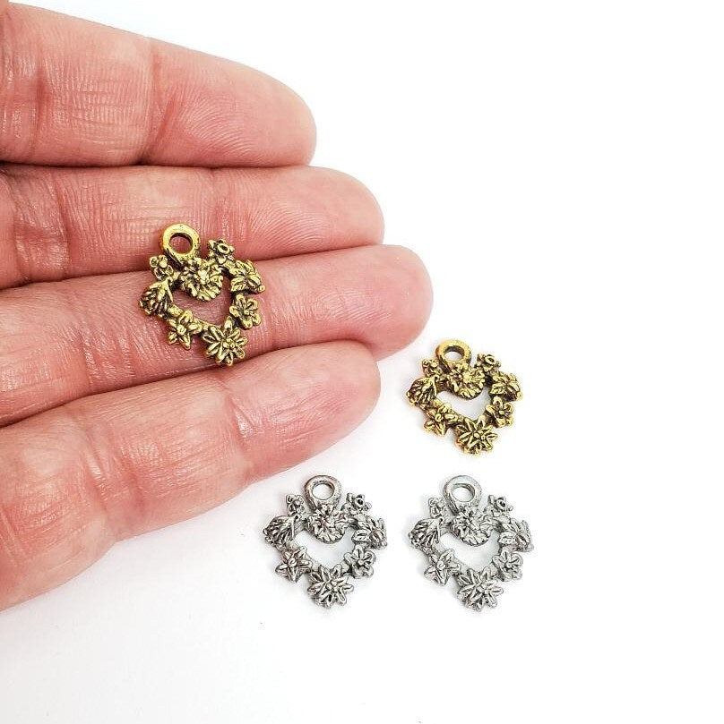 Pewter 2 Flower Line Cutout Heart Charm in Antique Gold (2pc)
