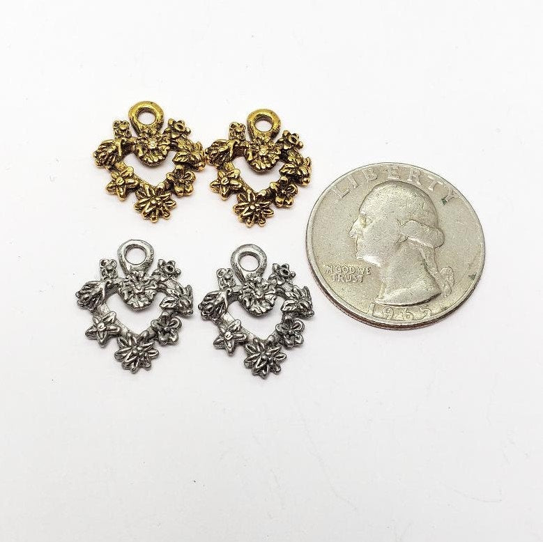 Pewter 2 Flower Line Cutout Heart Charm in Antique Gold (2pc)