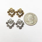 Pewter 2 Flower Line Cutout Heart Charm in Antique Gold (2pc)
