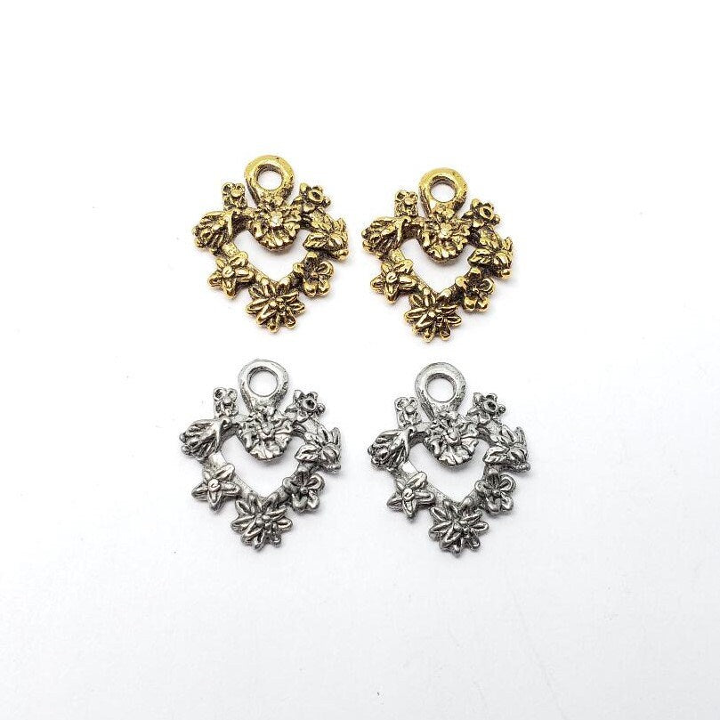 Pewter 2 Flower Line Cutout Heart Charm in Antique Gold (2pc)