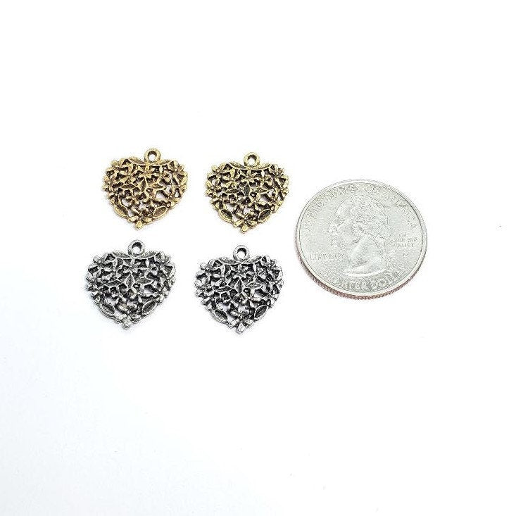 Pewter 2 Floral Heart Charms in Antique Gold or Antique Silver (2pc)
