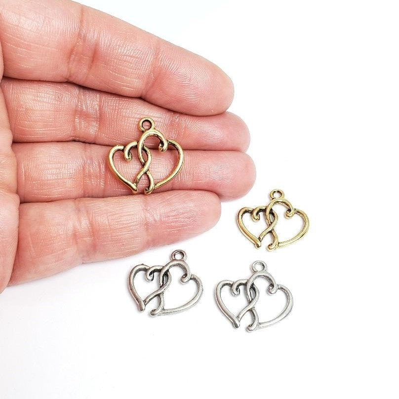 Pewter 2 Intertwined Hearts with Loop Charm Love Friendship (2pc)