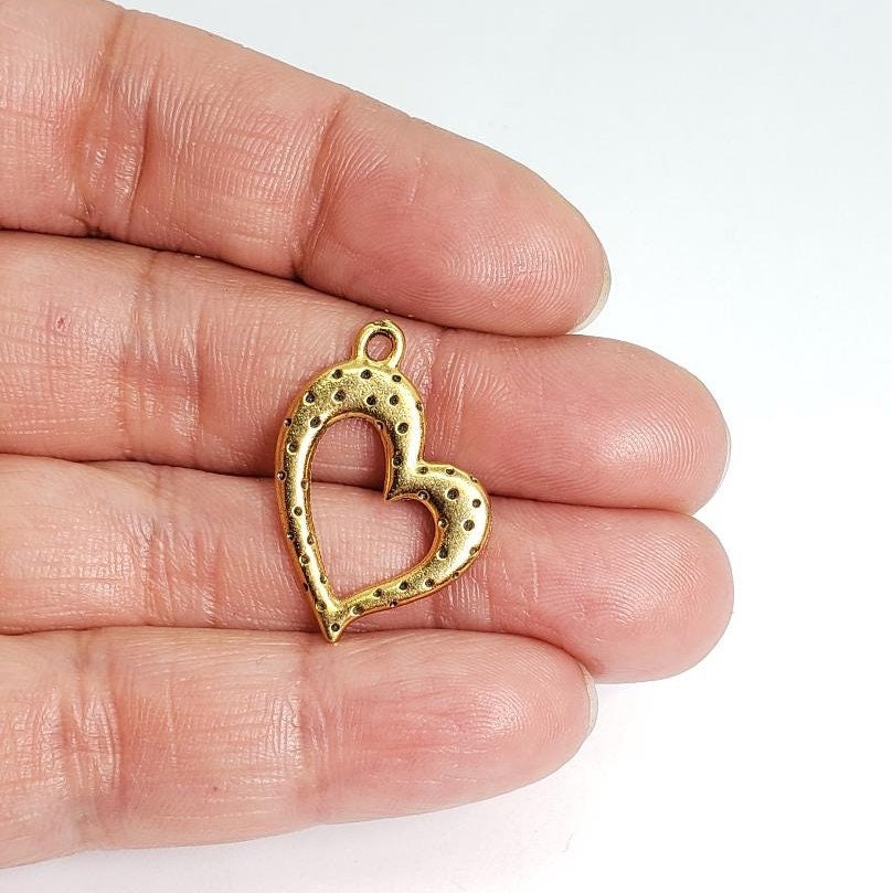 Pewter 2 Dotted Beaded Heart Charms in Antique Gold or Antique (2pc)