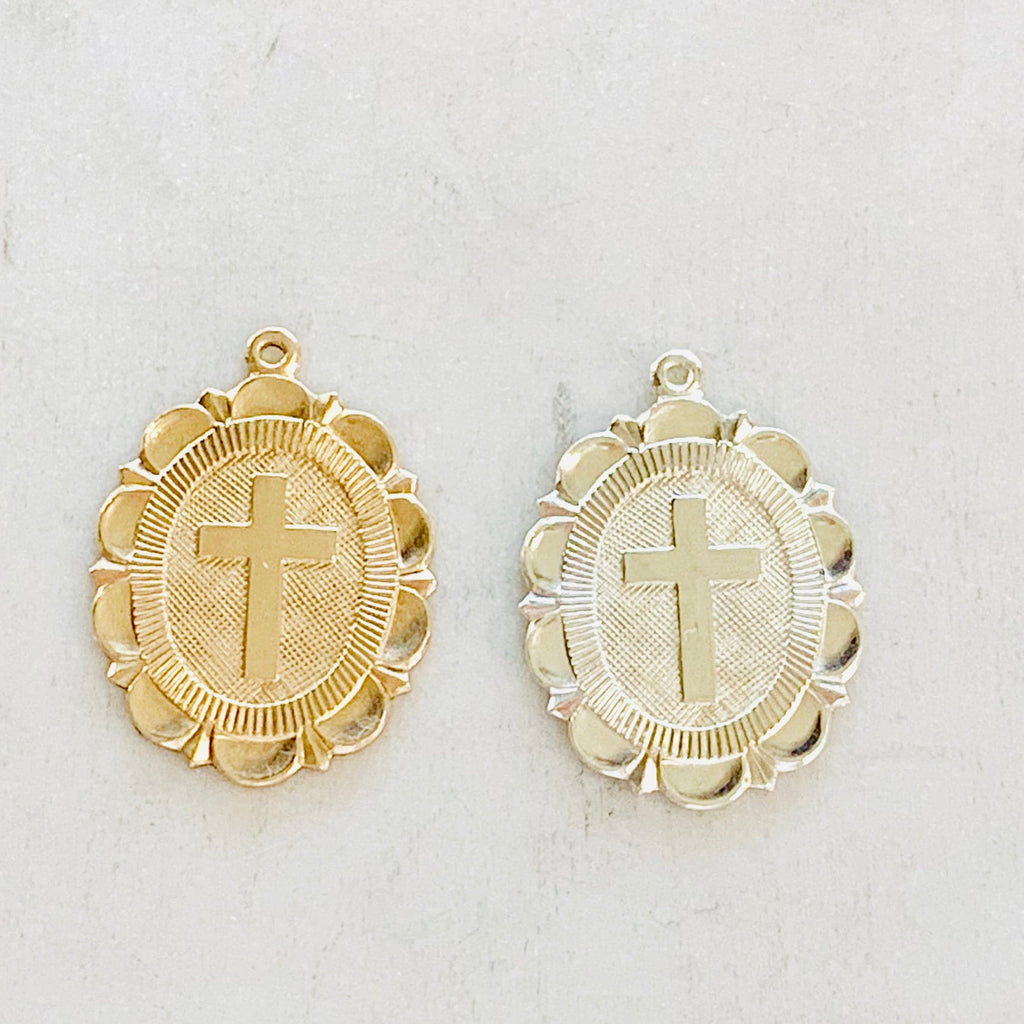 Sterling Silver or 14K Gold Filled Oval or Cross Religious Charm