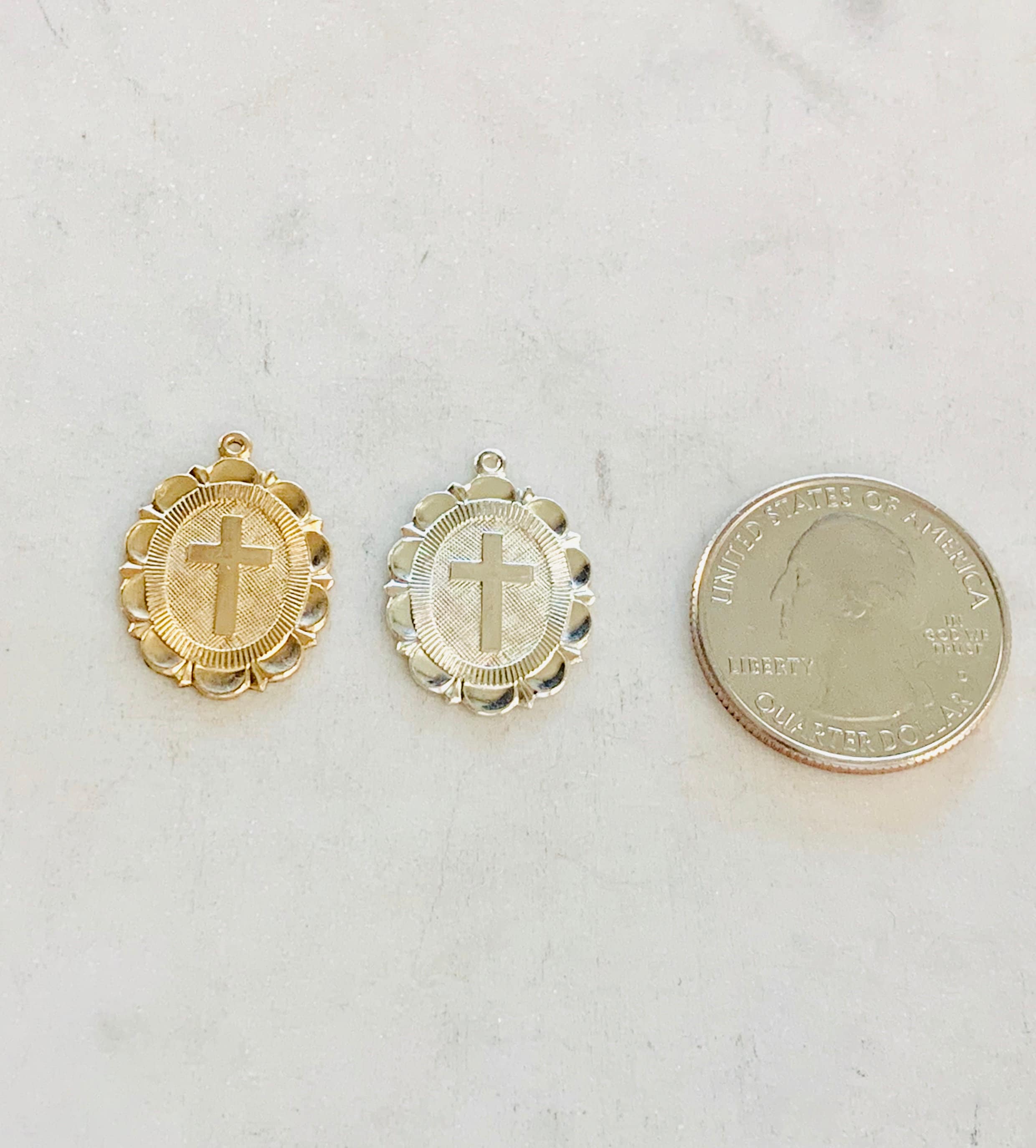 Sterling Silver or 14K Gold Filled Oval or Cross Religious Charm