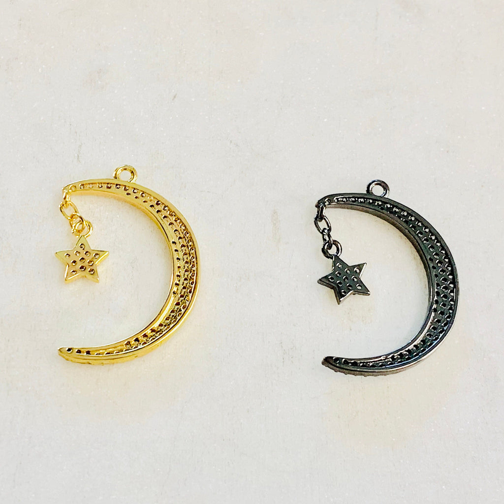 Rhodium Plated Large CZ Crescent Moon Cubic Zirconia Pave Charm