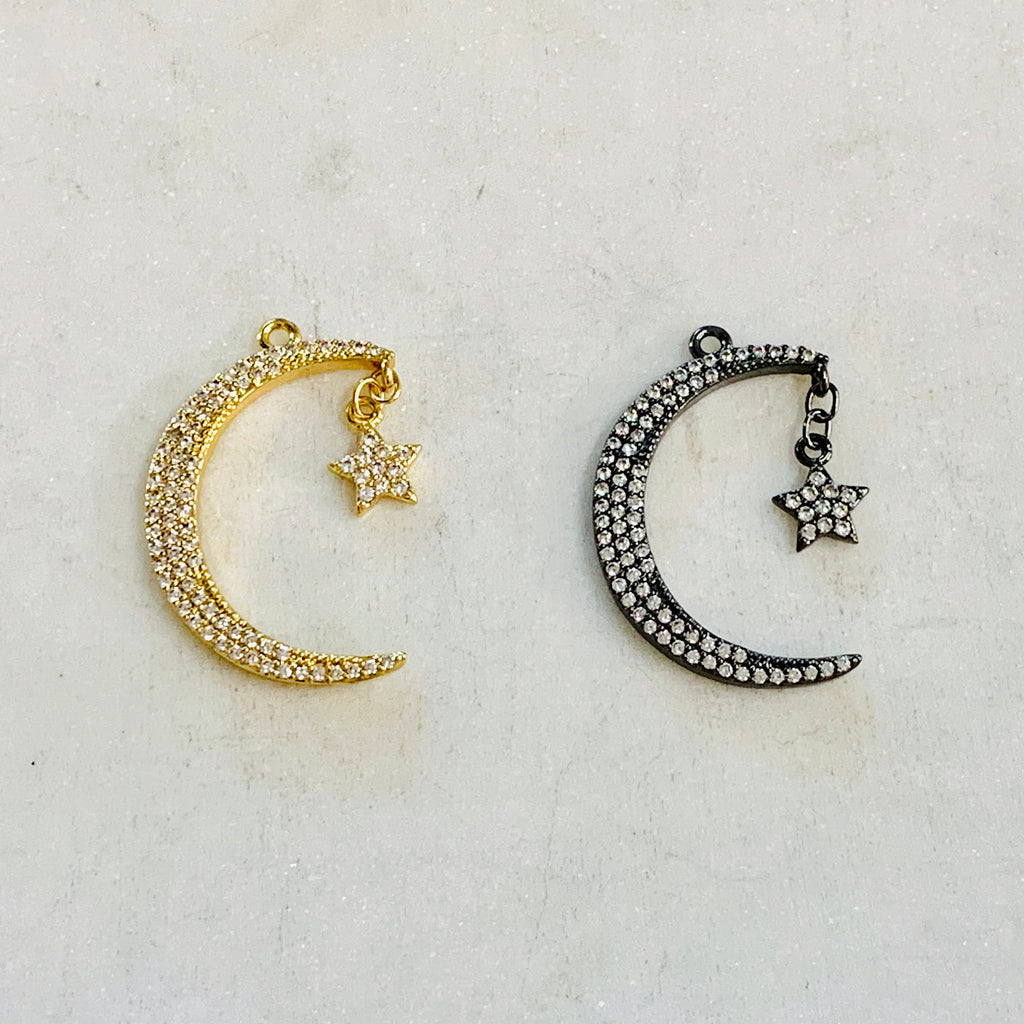 Rhodium Plated Large CZ Crescent Moon Cubic Zirconia Pave Charm