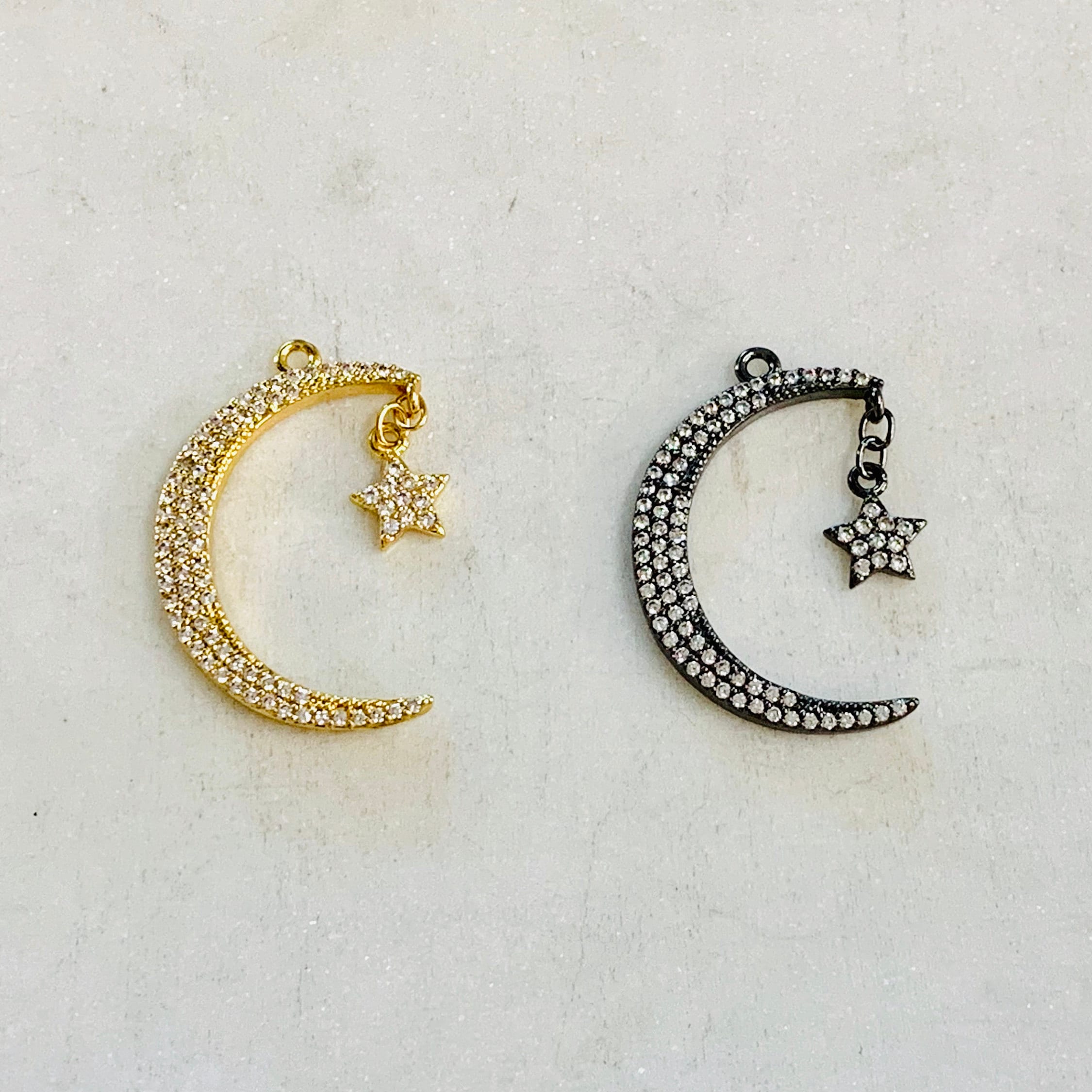 Rhodium Plated Large CZ Crescent Moon Cubic Zirconia Pave Charm