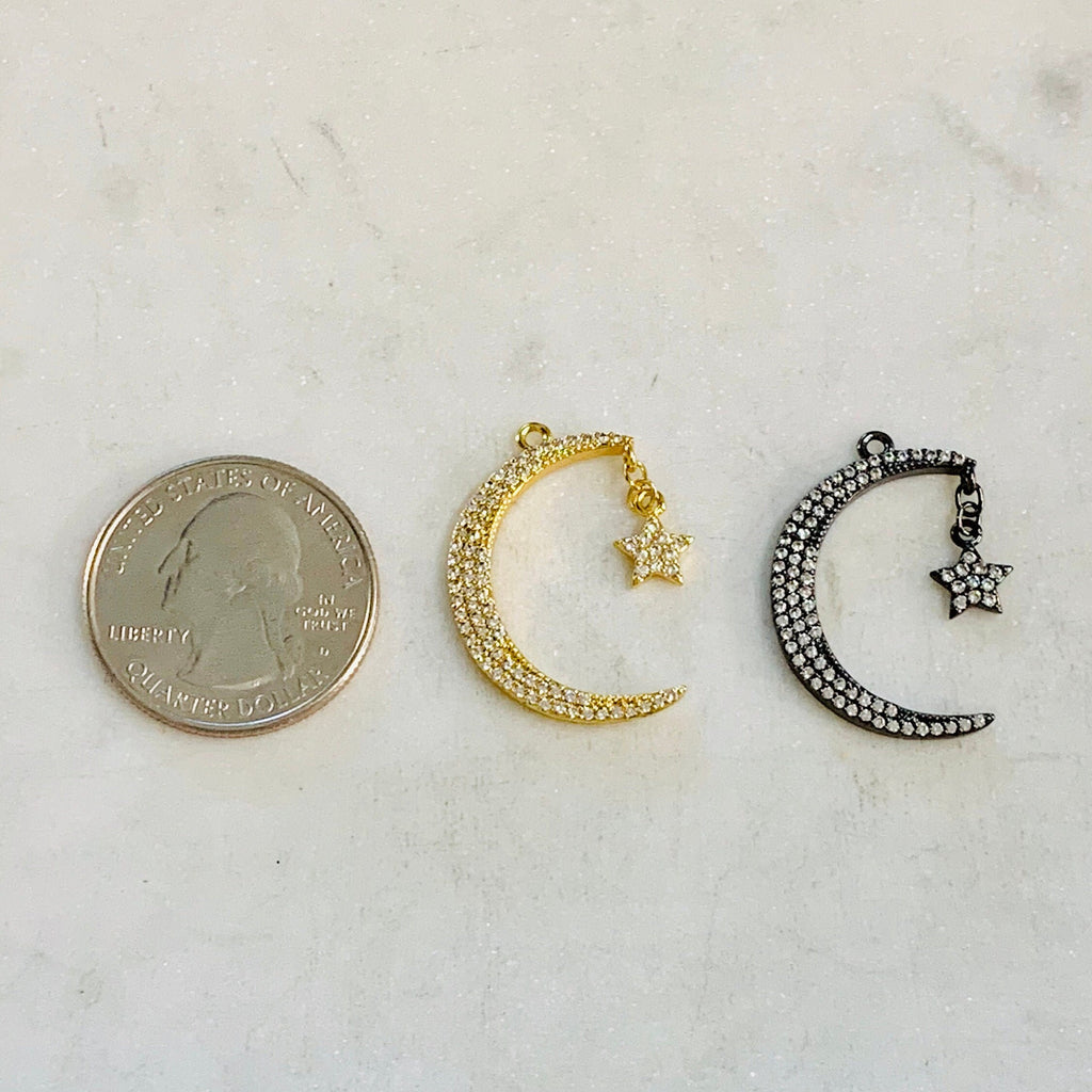 Rhodium Plated Large CZ Crescent Moon Cubic Zirconia Pave Charm