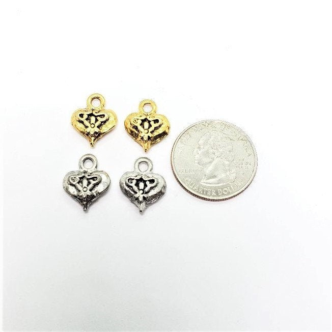 Pewter Heart with Flower Design Charms in Antique Gold (2pc)