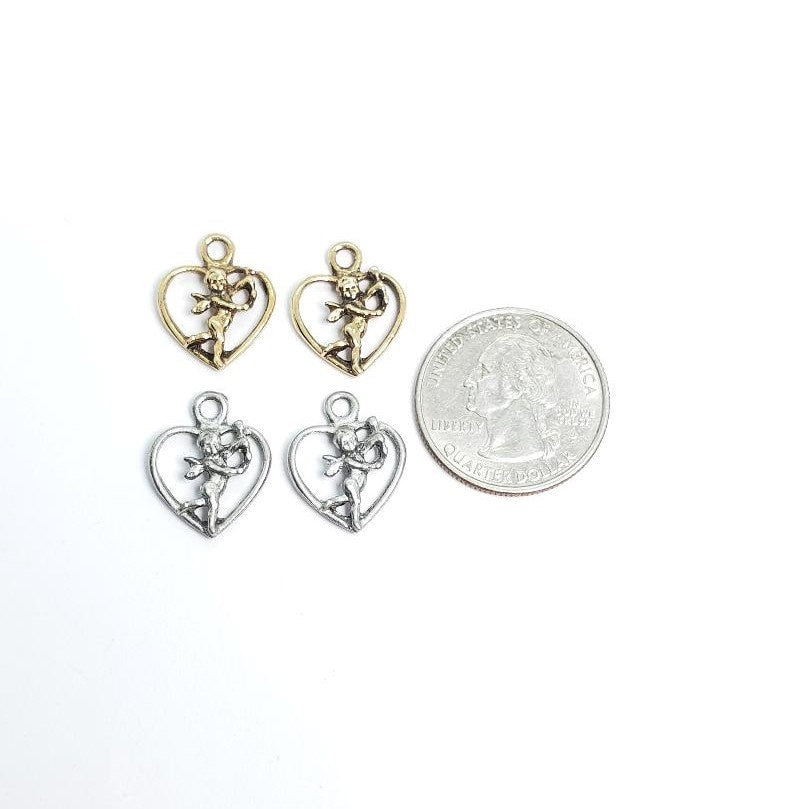 Pewter Open Heart Standing Cupid Holding Bow and Arrow (2pc)