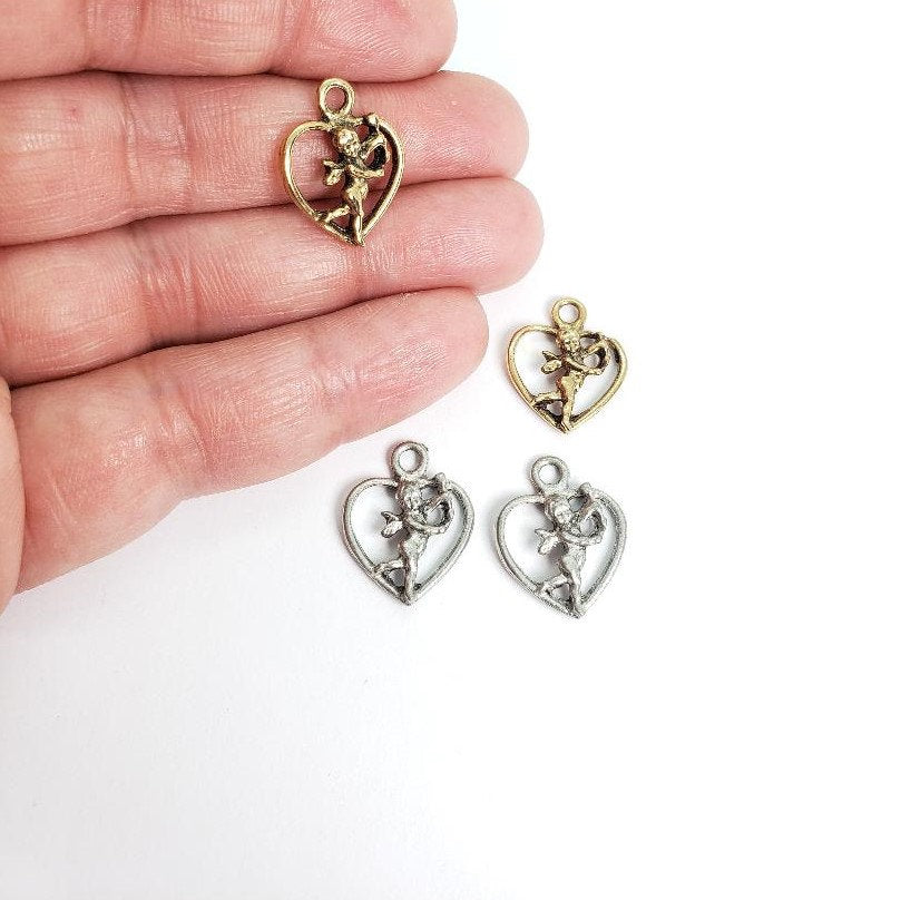 Pewter Open Heart Standing Cupid Holding Bow and Arrow (2pc)