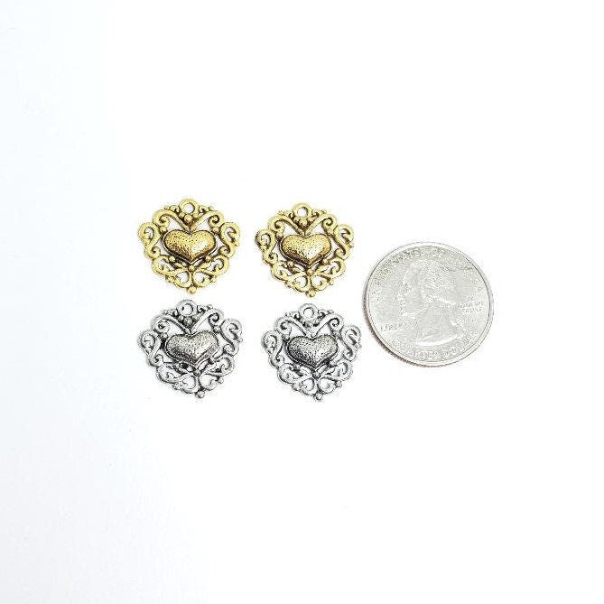 18mmx18mm Pewter Heart Charm Filigree Background with Puffy Heart (2pc)