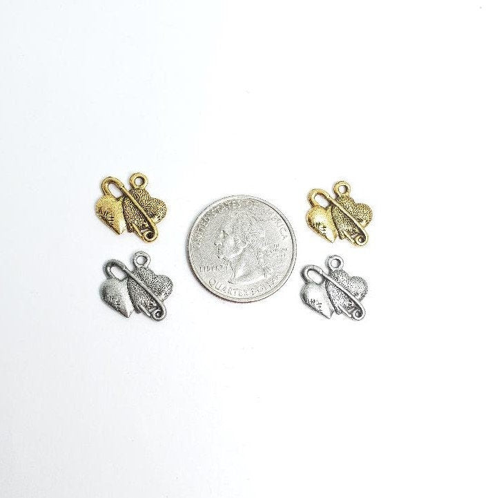 Pewter Two Hearts Connected with Safety Pin One Textured One (2pc)