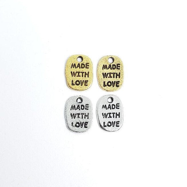 11mmx8mm Pewter Made with Love Stamped Word Charm Inspirational Pendant (2pc)