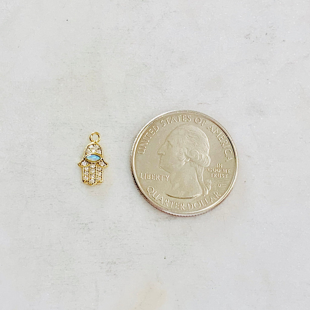 Gold Plated Tiny Hamsa CZ Pave with Opal Cubic Zirconia Charm