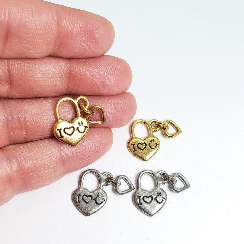 16.5mmx17mm Pewter I Heart You Lock Charm with Dangling Open Heart Charm (2pc)
