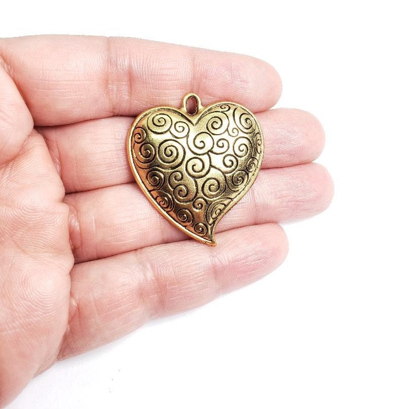 Pewter Large Heart Metal Pendant with Curly Cue Swirl Design