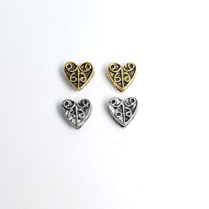 8mmx8.5mm Pewter Thick Detailed with Swirl Curly Cue Design Heart Shape (2pc)