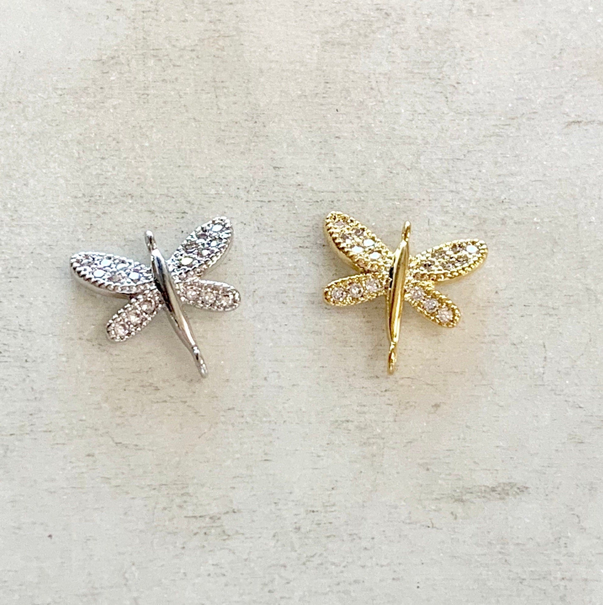 Gold Plated or Rhodium Plated Small CZ Pave Dragonfly Connector or 2 Loop