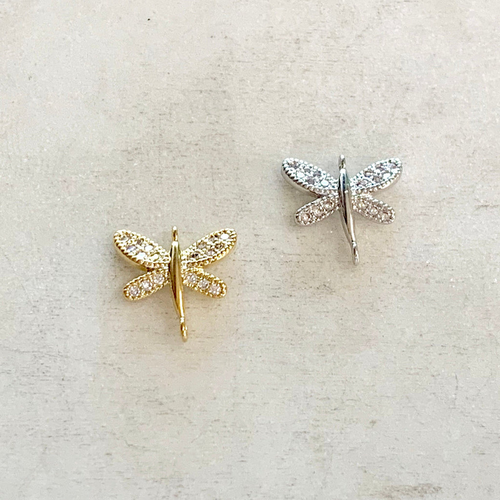 Gold Plated or Rhodium Plated Small CZ Pave Dragonfly Connector or 2 Loop
