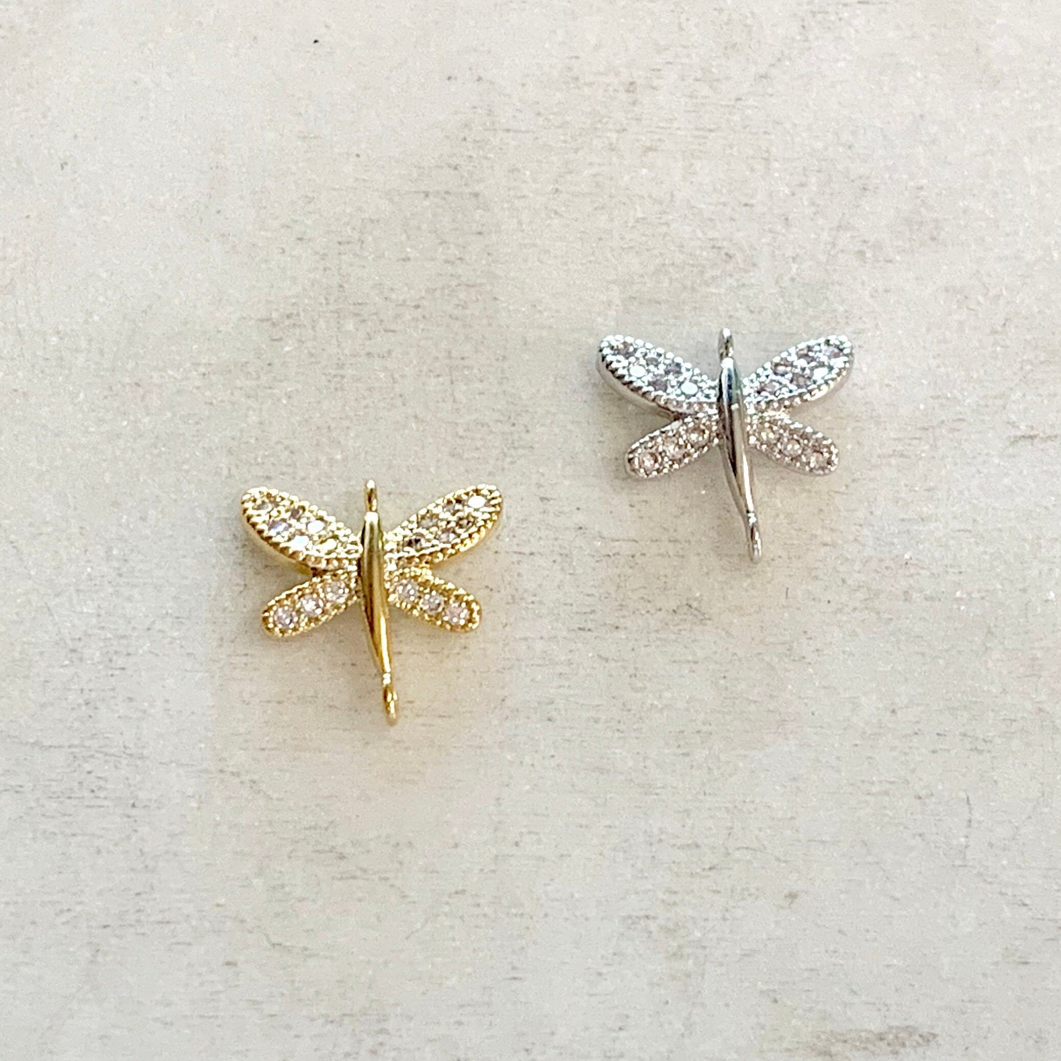 Gold Plated or Rhodium Plated Small CZ Pave Dragonfly Connector or 2 Loop