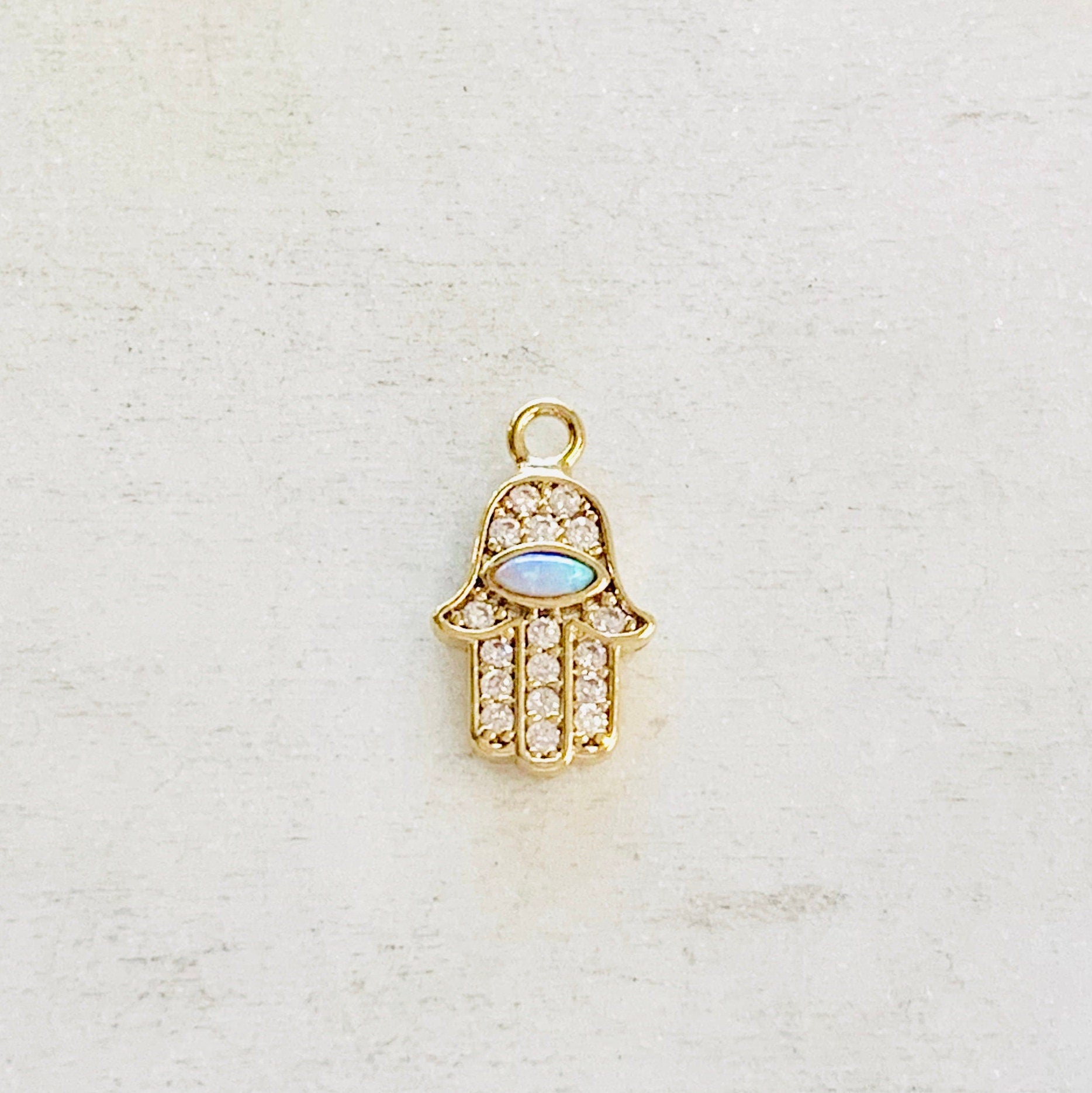 Gold Plated Tiny Hamsa CZ Pave with Opal Cubic Zirconia Charm