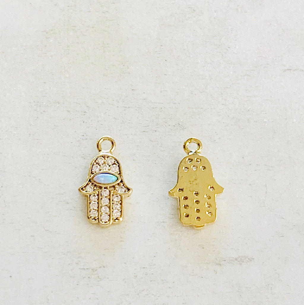 Gold Plated Tiny Hamsa CZ Pave with Opal Cubic Zirconia Charm