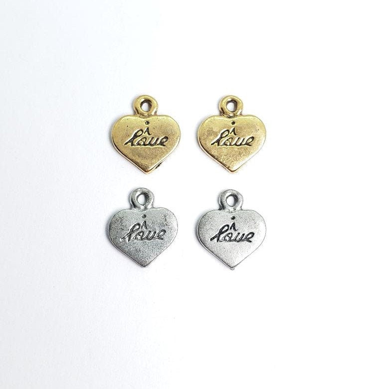 Pewter Thick Heart Shaped Stamped I Love in Cursive (2pc)