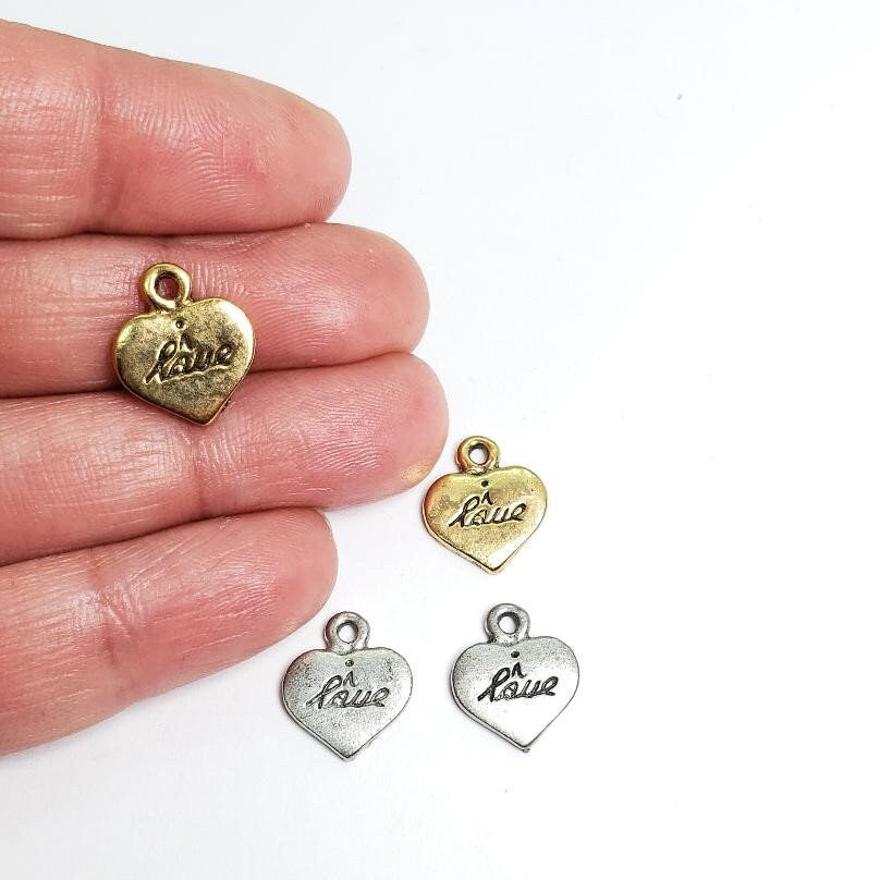 Pewter Thick Heart Shaped Stamped I Love in Cursive (2pc)