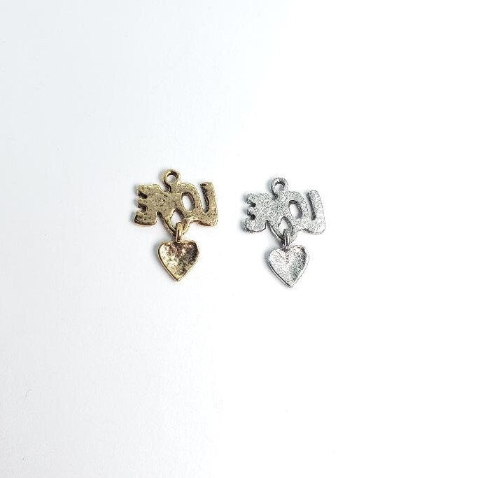 Pewter Love Charm with Hanging Heart Love,Valentine's Day (2pc)